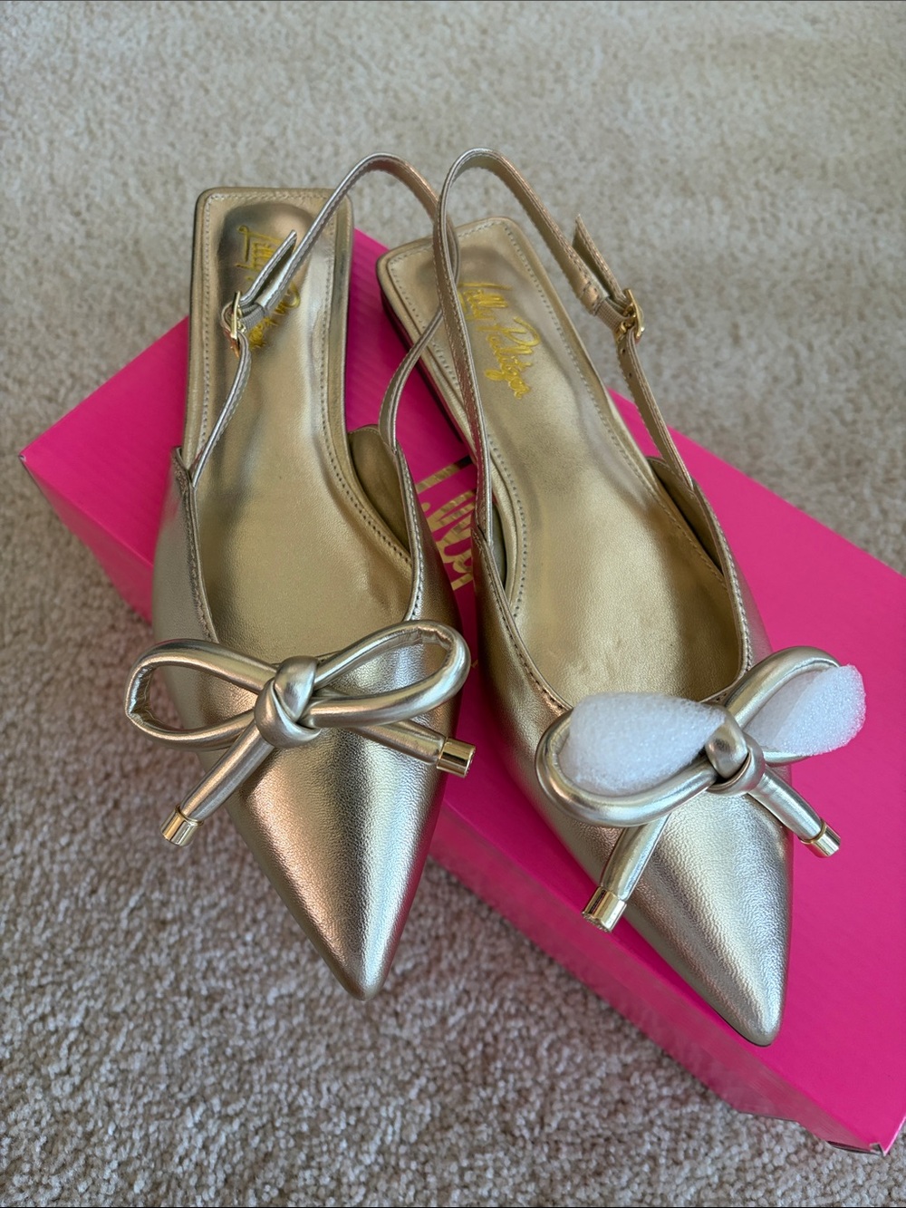 Lilly Pulitzer Gold Slingback Pointed Toe Flats with Bow